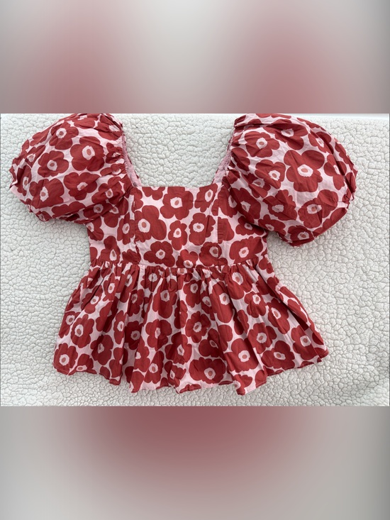 entro Tops - Floral Puff Sleeve Peplum Top - Brick & Pink